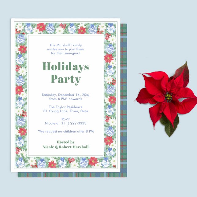 Invitación Borde botánico Azul Blanco Rojo Fiesta (Blue White and Red Watercolor Chintz Grandmillenial Holidays Party Invitation)