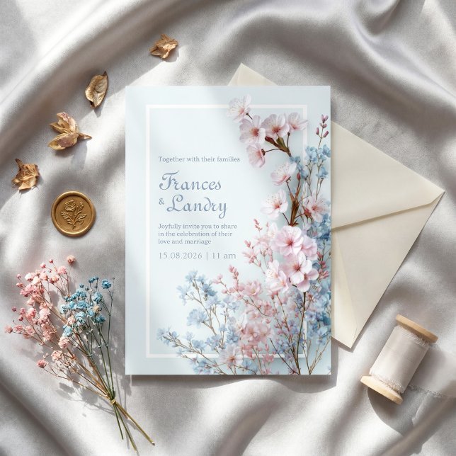 Invitación Borde Botánico Romántico de Cerezo Azul Pastel (Subido por el creador)