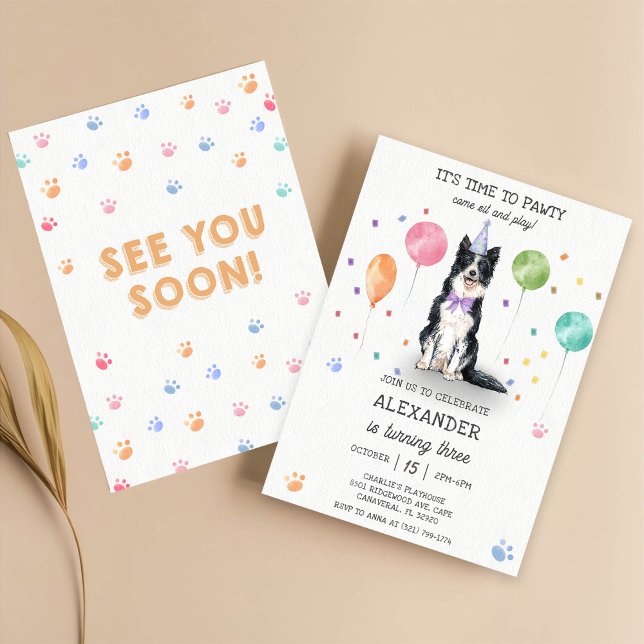 Invitación Borde Collie Pawty Perro Cachorro Nacimiento Azul (Subido por el creador)