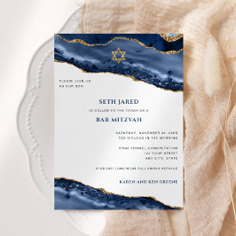 Invitación Borde de barras Mitzvah, azul y de oro Agate