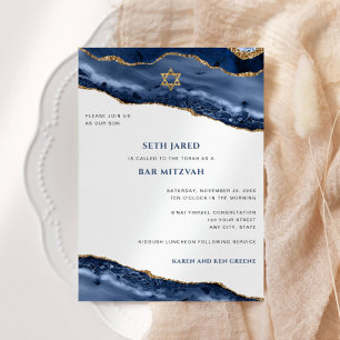 Invitación Borde de barras Mitzvah, azul y de oro Agate