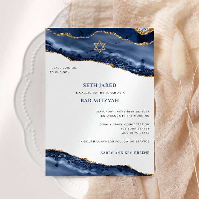 Invitación Borde de barras Mitzvah, azul y de oro Agate (Subido por el creador)