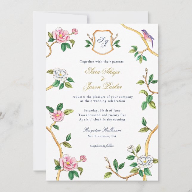 Invitación Borde de Chinoiserie monograma con Boda Escudo (Anverso)