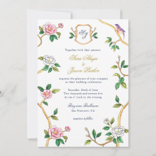 Invitación Borde de Chinoiserie monograma con Boda Escudo