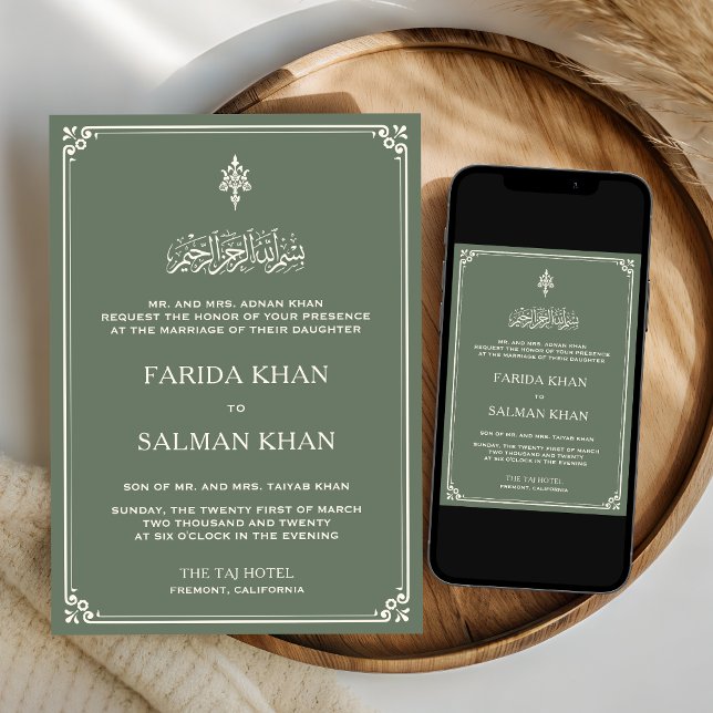 Invitación Borde de Crema Verde Salvia para Boda Islámica (Subido por el creador)