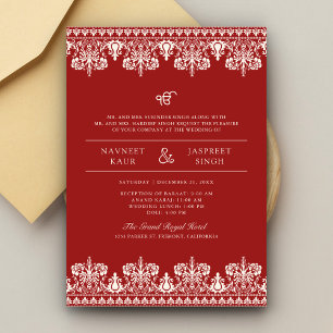 Invitación Borde de Damasco de Marfil Rojo Anand Karaj Boda S