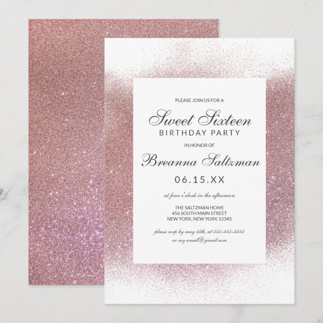 Invitación Borde de de polvo blanco rosado Rosa 16 (Anverso / Reverso)