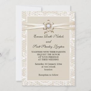 Invitación Borde de encaje con boda de cinta beige