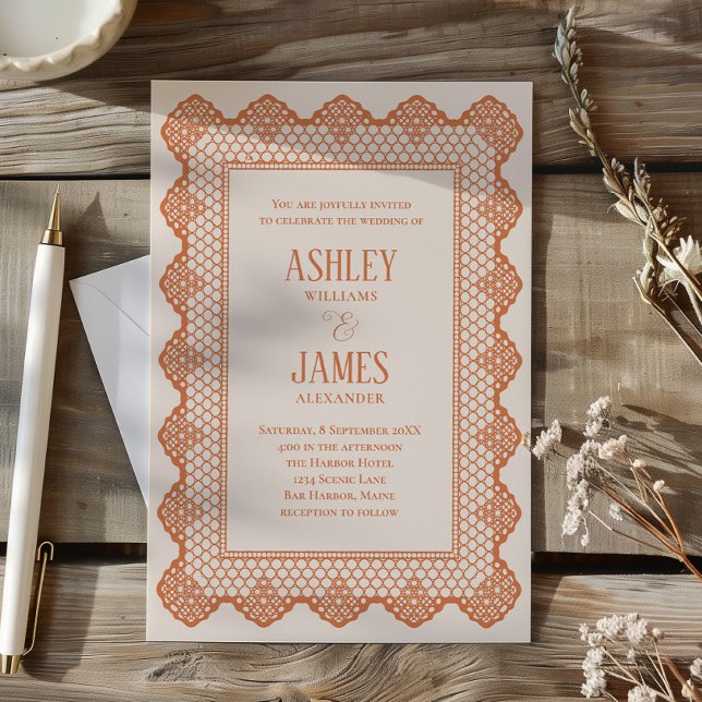 Invitación Borde de encaje de chantilly de melocotón boda ele (Subido por el creador)