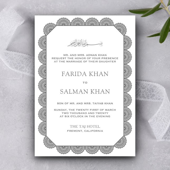 Invitación Borde de encaje escalonado gris blanco Boda Islámi (Subido por el creador)