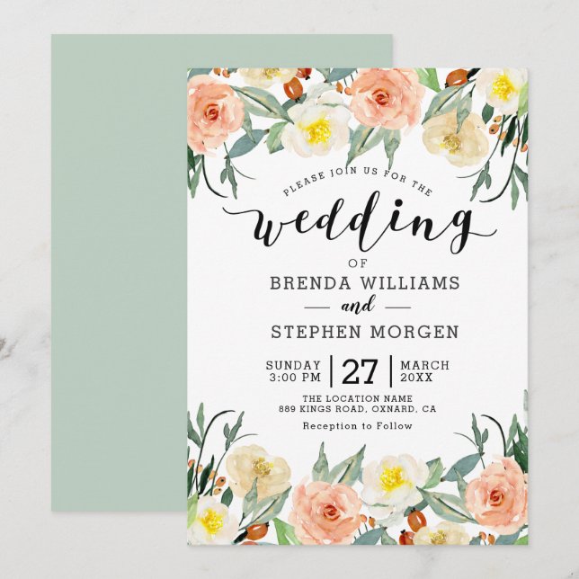 Invitación Borde de flores color pastel (Anverso / Reverso)