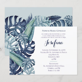 Invitación Borde de Foliaje Tropical Azul para Quinceañera