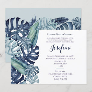 Invitación Borde de Foliaje Tropical Azul para Quinceañera
