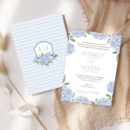 Invitación Borde de hidrangea azul, Boda Escudo personalizado