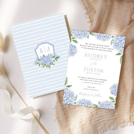 Invitación Borde de hidrangea azul, Boda Escudo personalizado