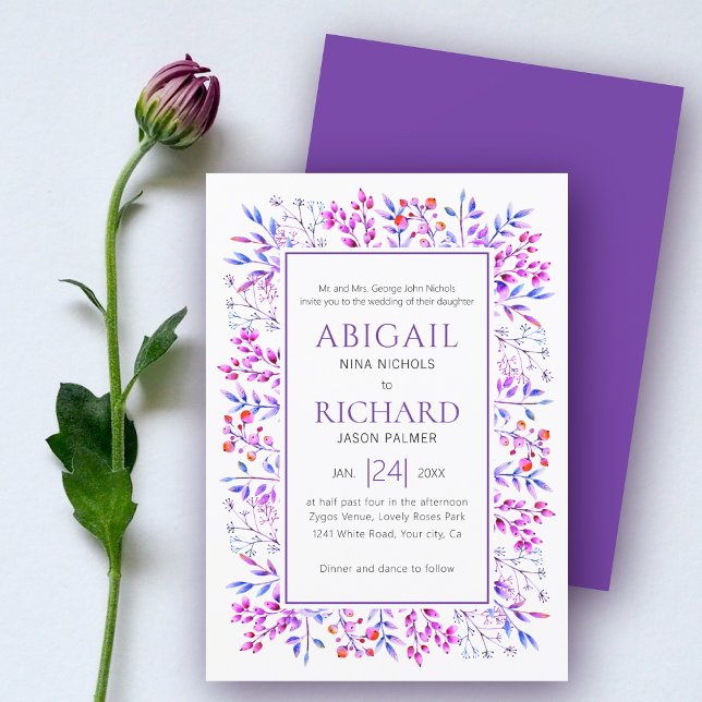 Invitación Borde de hojas, bayas boda violeta violeta (Subido por el creador)