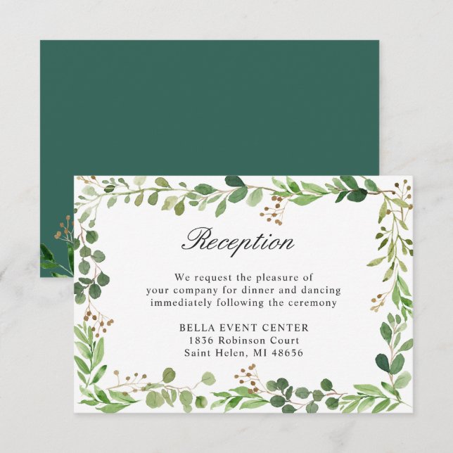 Invitación Borde de hojas verdes botánicas Recepción de boda (Anverso / Reverso)