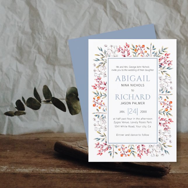 Invitación Borde de hojas y bayas boda azul polvoriento (Subido por el creador)
