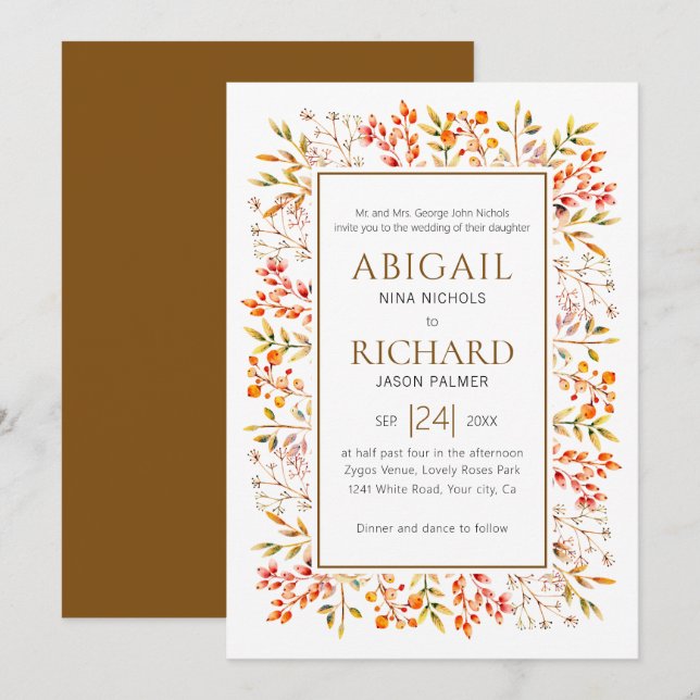 Invitación Borde de hojas y bayas boda marrón (Anverso / Reverso)