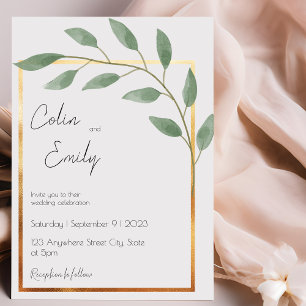 Invitación Borde de hojas y bronce, Boda Minimalista