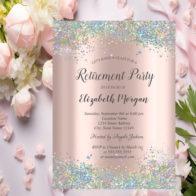 Invitación Borde de lentejuelas rosa dorado Jubilación (Subido por el creador)