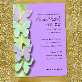 Invitación Borde de mariposa verde y púrpura en Mitzvah