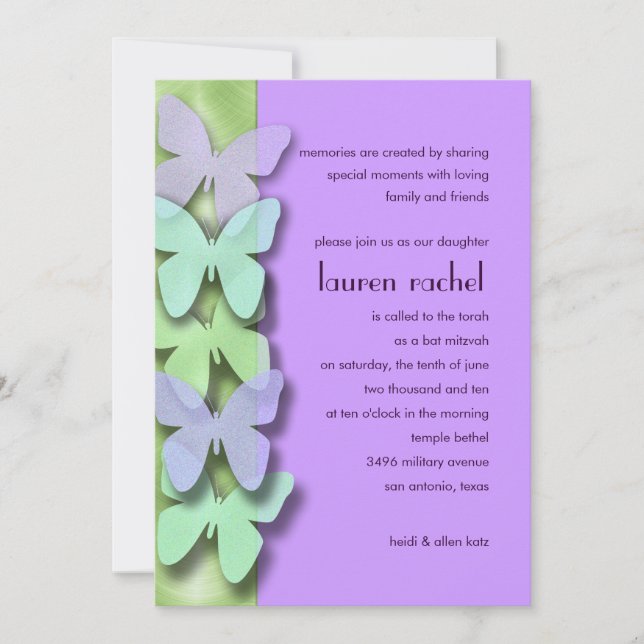 Invitación Borde de mariposa verde y púrpura en Mitzvah (Anverso)