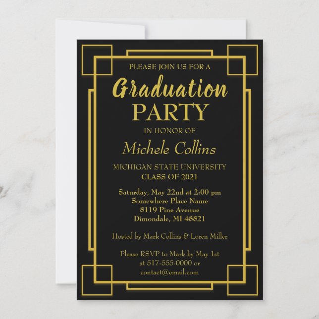 Invitación Borde de oro estilo Art Deco (Anverso)