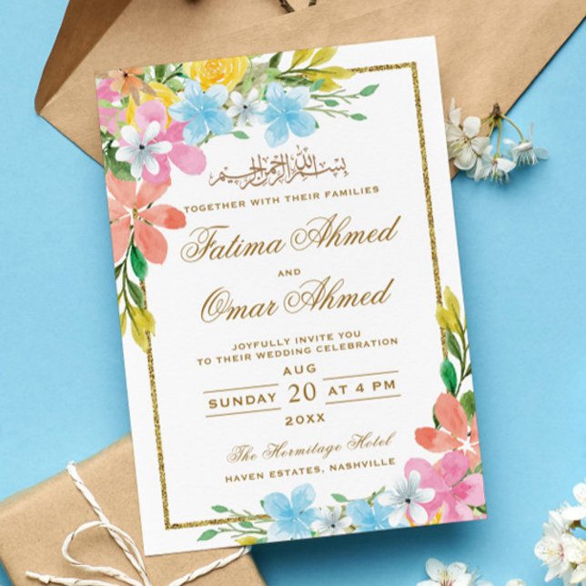 Invitación Borde de oro floral Boda musulmán islámico blanco (Subido por el creador)