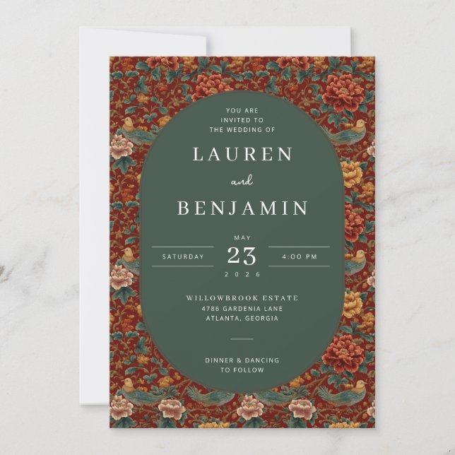 Invitación Borde de Pájaro Floral Rojo Romántico (Anverso)