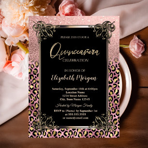 Invitación Borde de purpurina de oro rosa Leopardo Quinceañer