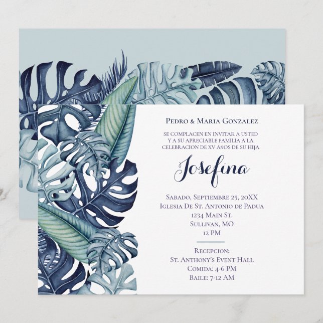 Invitación Borde de Quinceañera de Follaje Tropical Azul (Anverso / Reverso)