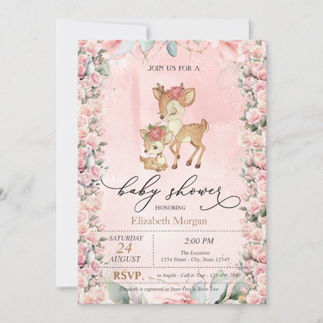 Invitación Borde de Rosas de ciervos para bebés (Anverso)