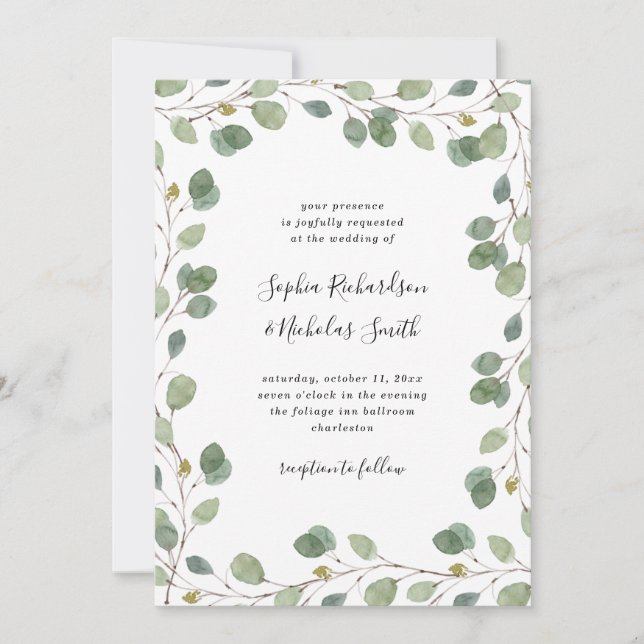 Invitación Borde de vegetación de eucalipto simple | BODA (Anverso)