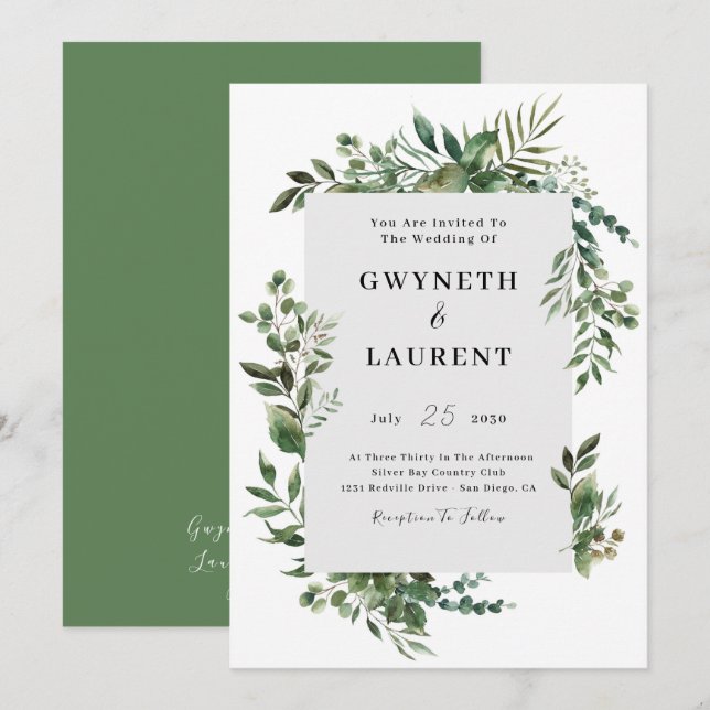 Invitación Borde de vegetación elegante de boda (Anverso / Reverso)