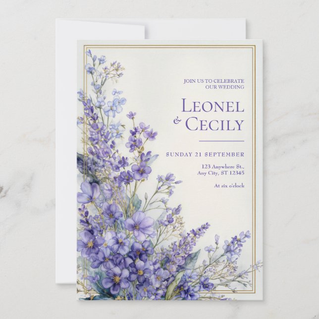 Invitación Borde de Vegetación Lila con Aquarela Púrpura Suav (Anverso)