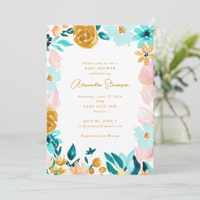 Invitación Borde del marco floral Boho Blue Gold Baby Shower (Anverso de pie)