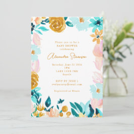 Invitación Borde del marco floral Boho Blue Gold Baby Shower