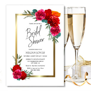 Invitación Borde dorado Borgoña Rojo Rosa Floral Brillante Du