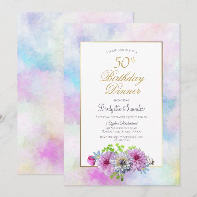 Invitación Borde dorado rosado floral 50 cumpleaños cena (Anverso / Reverso)