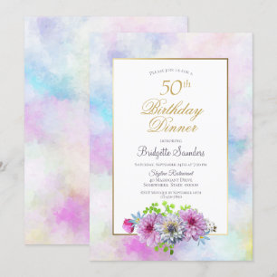 Invitación Borde dorado rosado floral 50 cumpleaños cena