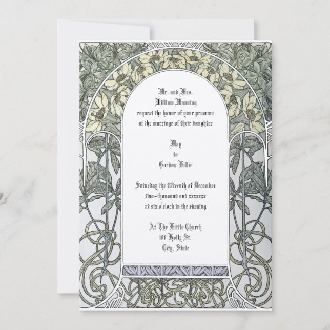 Invitación Borde floral amarillo Art Nouveau de Alphonse Much (Anverso)