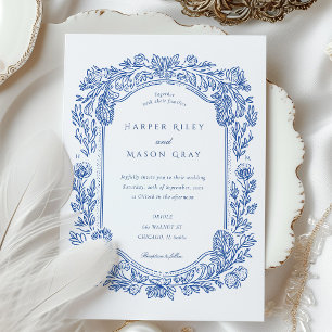 Invitación Borde Floral Azul Pintado a Mano Elegante