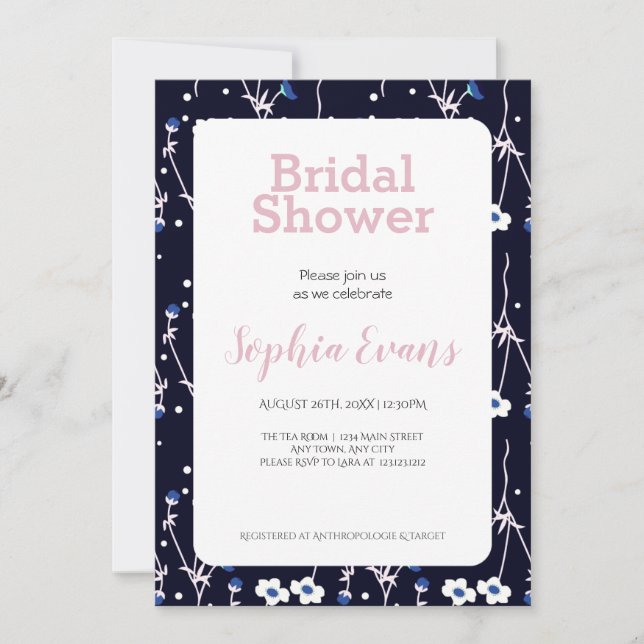 Invitación Borde floral azul y blanco ducha de novia blanca (Anverso)