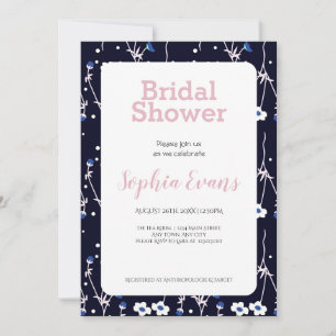 Invitación Borde floral azul y blanco ducha de novia blanca