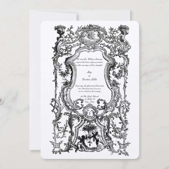 Invitación Borde floral barroco de Rococo 1700 con cherubs (Anverso)