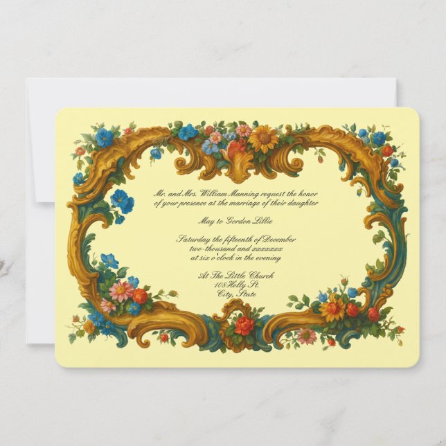 Invitación Borde floral barroco rococó colorido (Anverso)