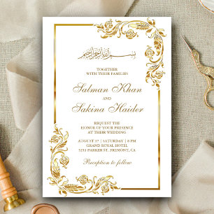 Invitación Borde floral blanco y dorado para boda islámica