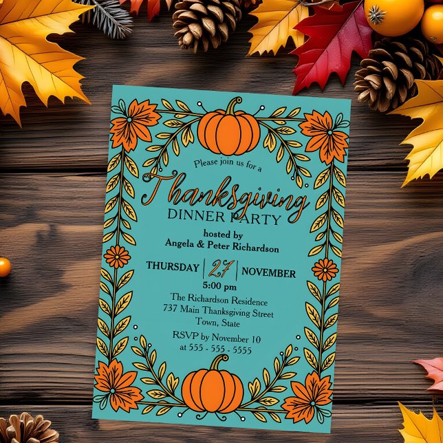 Invitación Borde floral de calabaza en Acción de Gracias turq (Subido por el creador)
