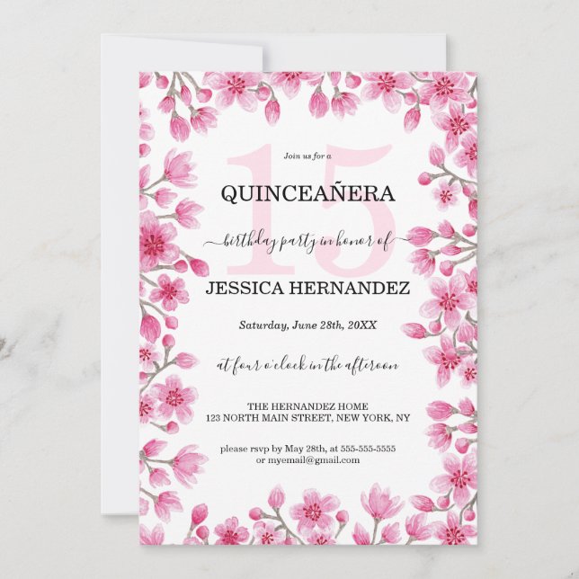 Invitación Borde floral de cerezo japonés Quinceañera (Anverso)